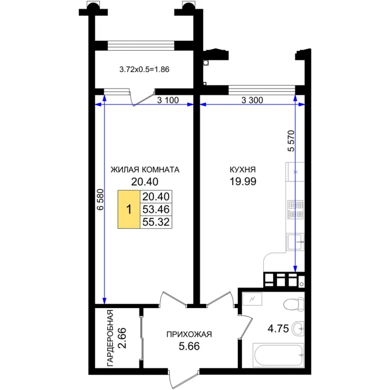 1-комн. 55.3 м²