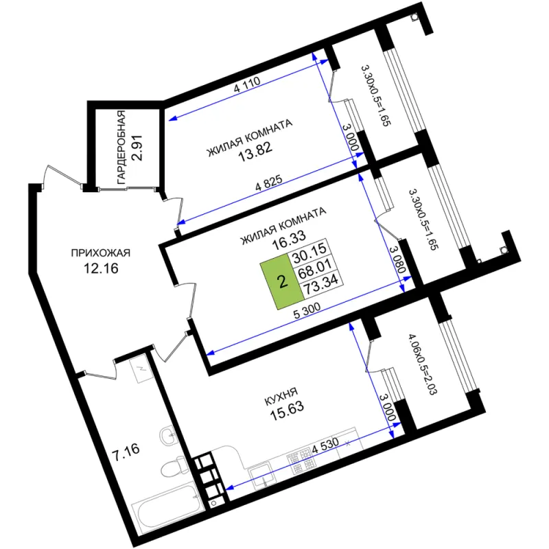 2-комн. 73.3 м²