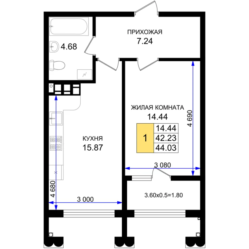 1-комн. 44 м²