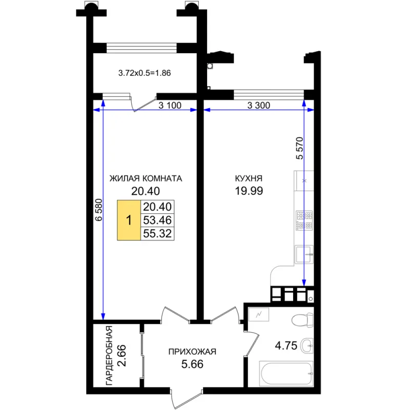 1-комн. 55.3 м²