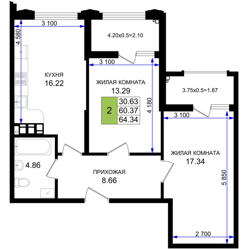 2-комн. 64.3 м²