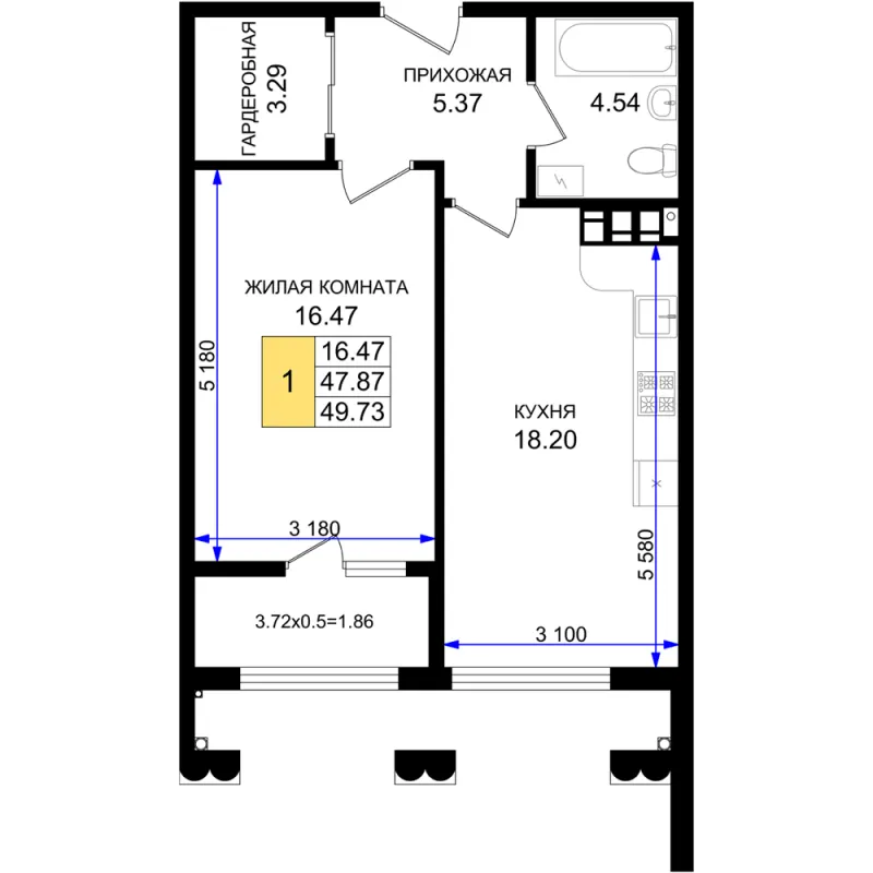 1-комн. 49.7 м²