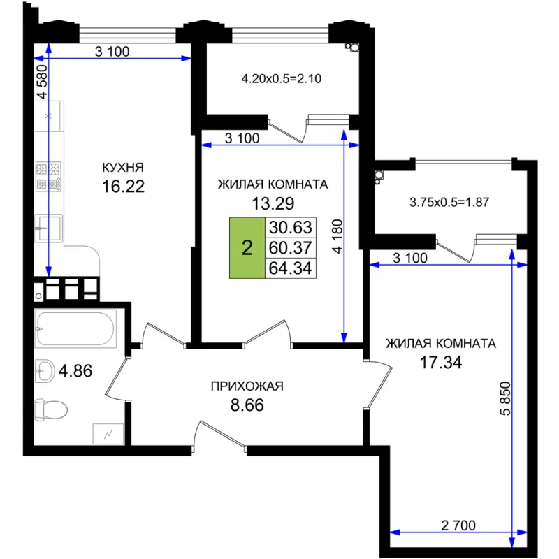2-комн. 64.3 м²