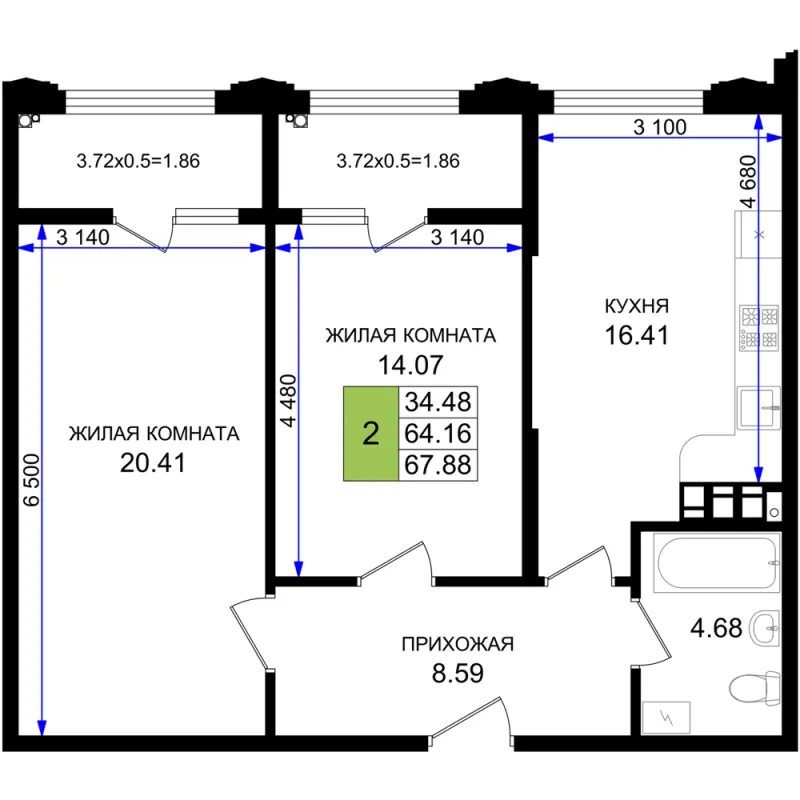 2-комн. 67.9 м²