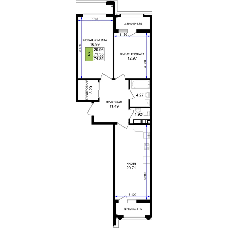 2-комн. 74.9 м²