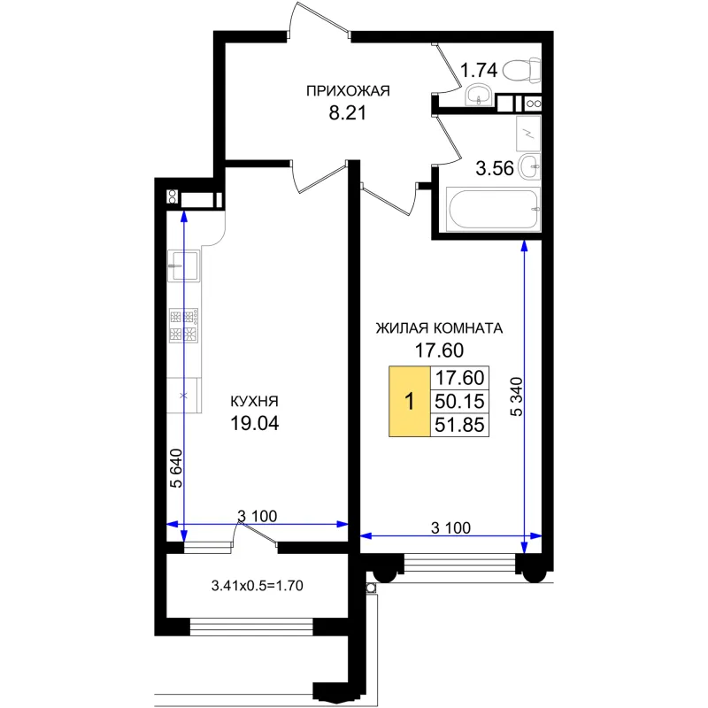 1-комн. 51.9 м²