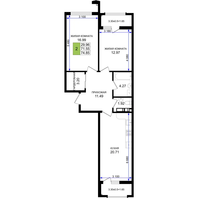 2-комн. 74.9 м²