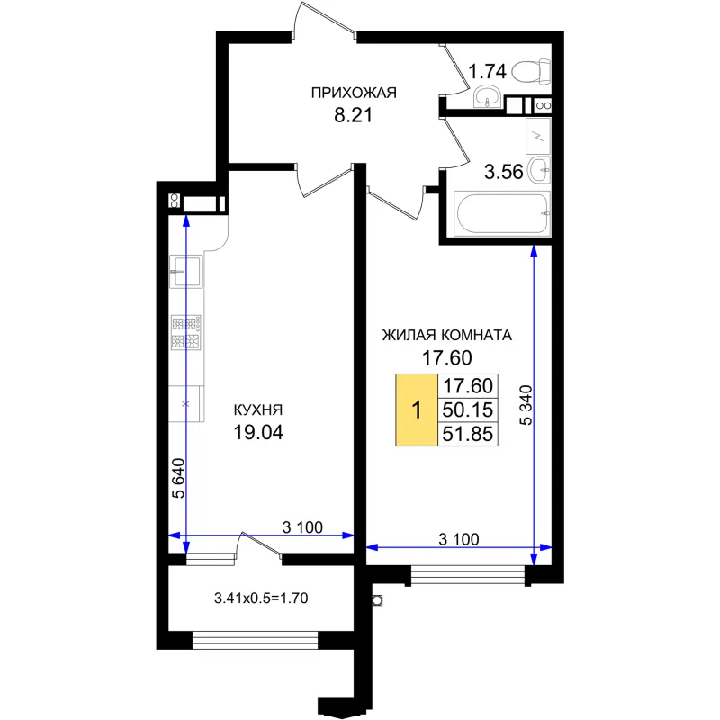 1-комн. 51.9 м²