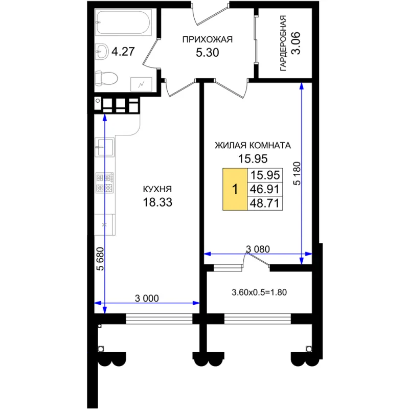 1-комн. 48.7 м²