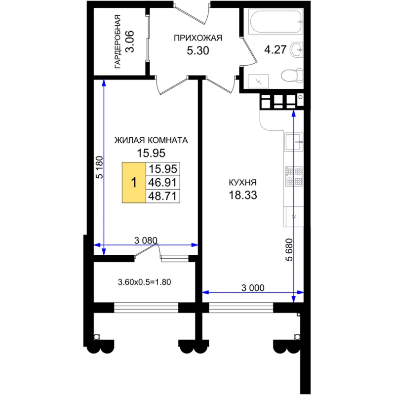 1-комн. 48.7 м²