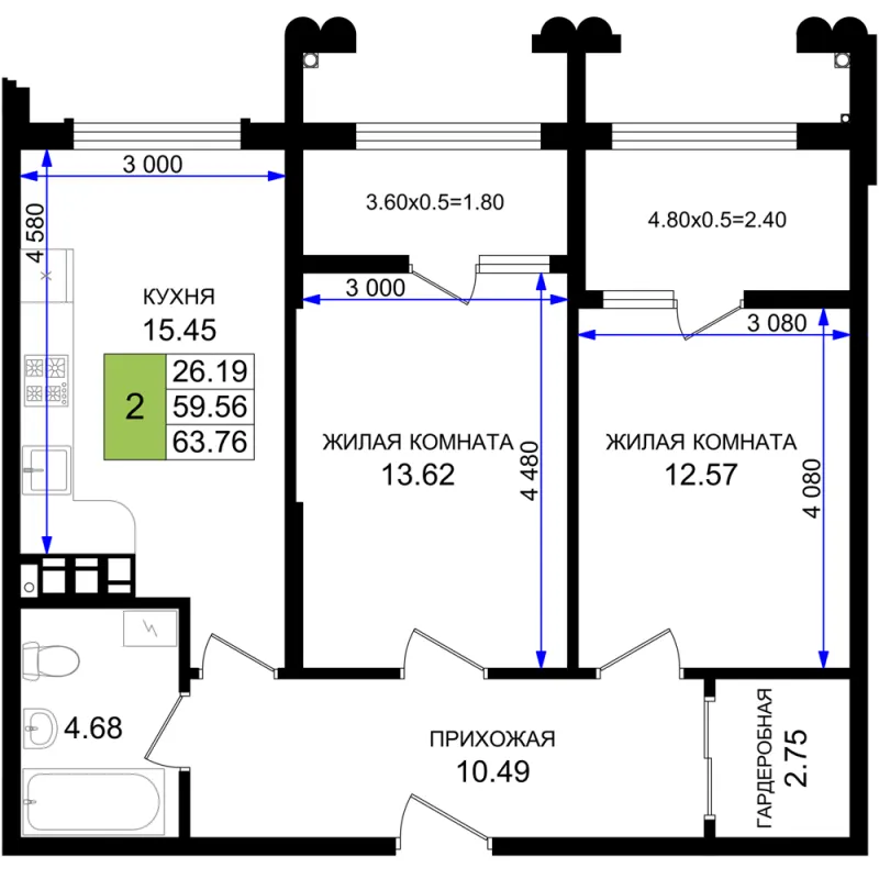 2-комн. 63.8 м²