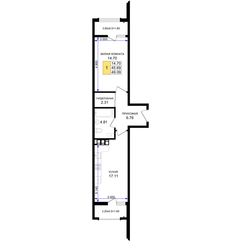 1-комн. 49.1 м²