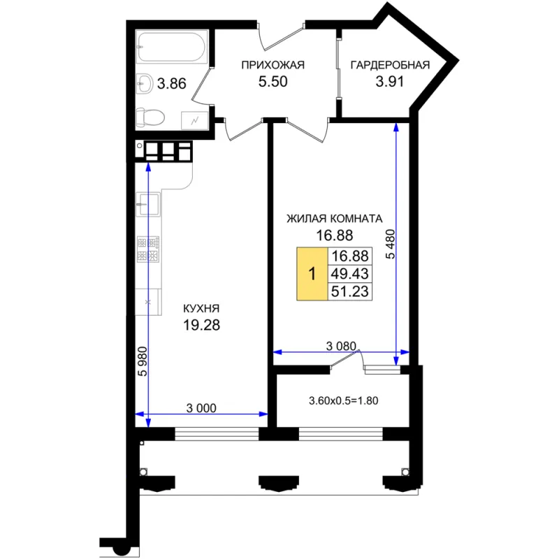 1-комн. 51.2 м²