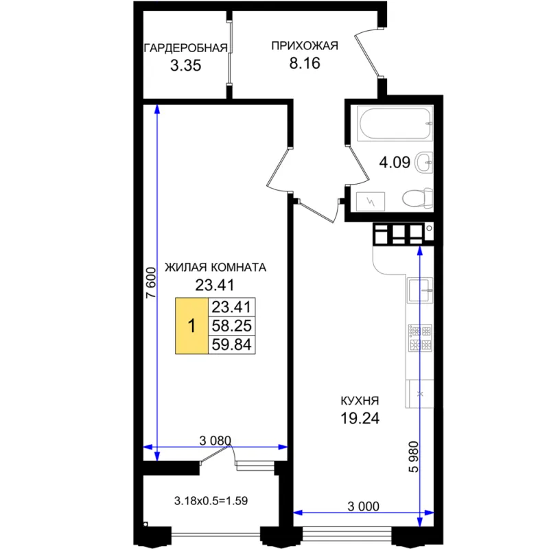1-комн. 59.8 м²