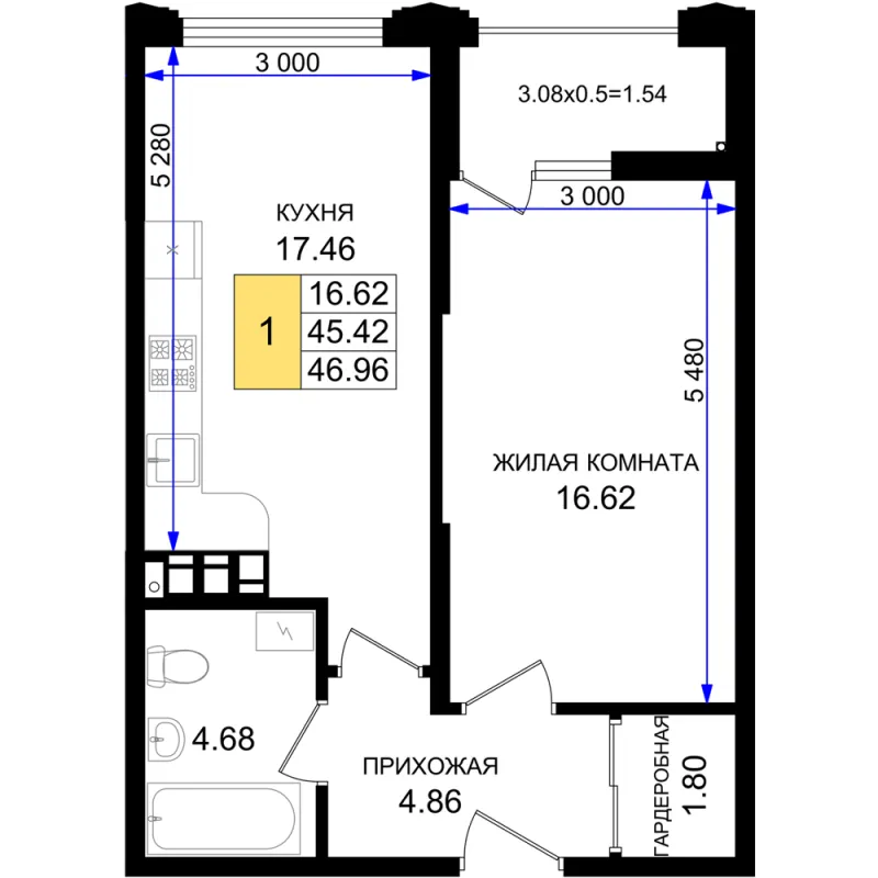 1-комн. 47 м²