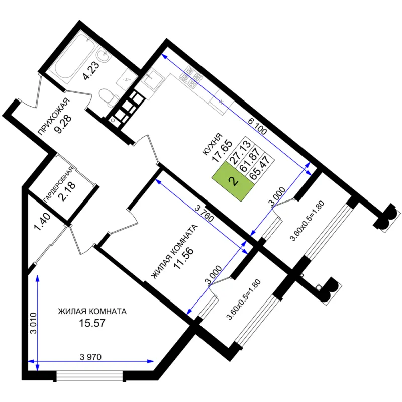 2-комн. 65.5 м²