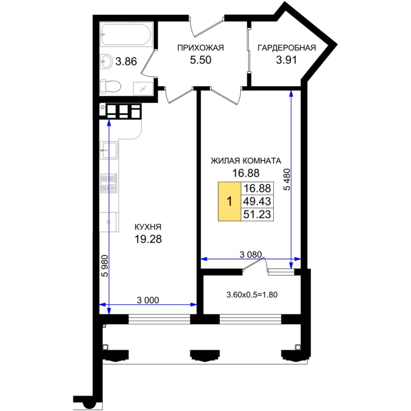 1-комн. 51.2 м²