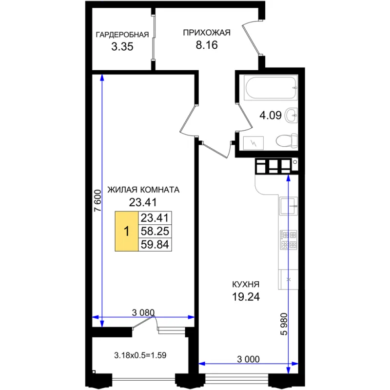 1-комн. 59.8 м²