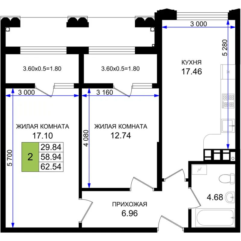 2-комн. 62.5 м²