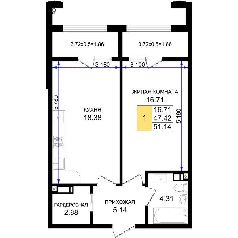 1-комн. 51.1 м²