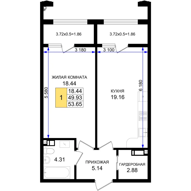 1-комн. 53.7 м²