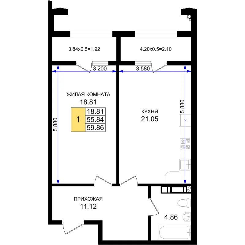 1-комн. 59.9 м²