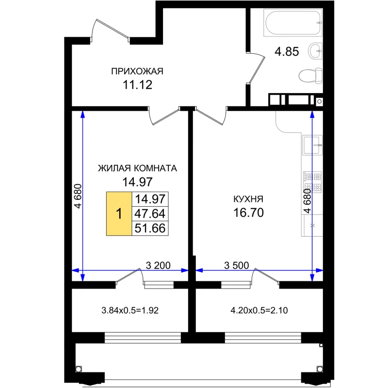 1-комн. 51.7 м²