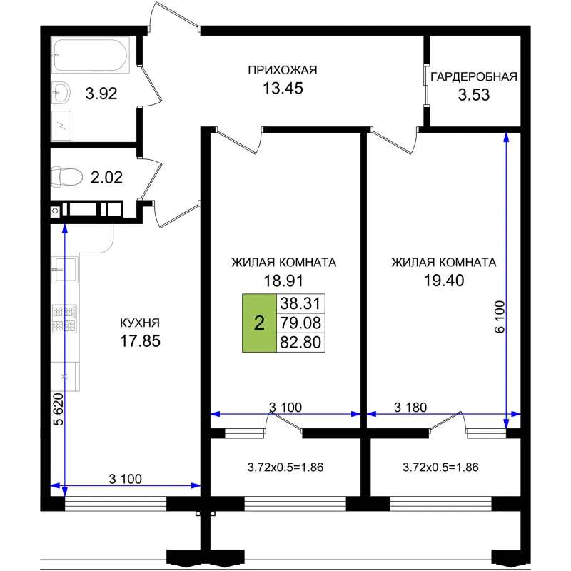 2-комн. 82.8 м²