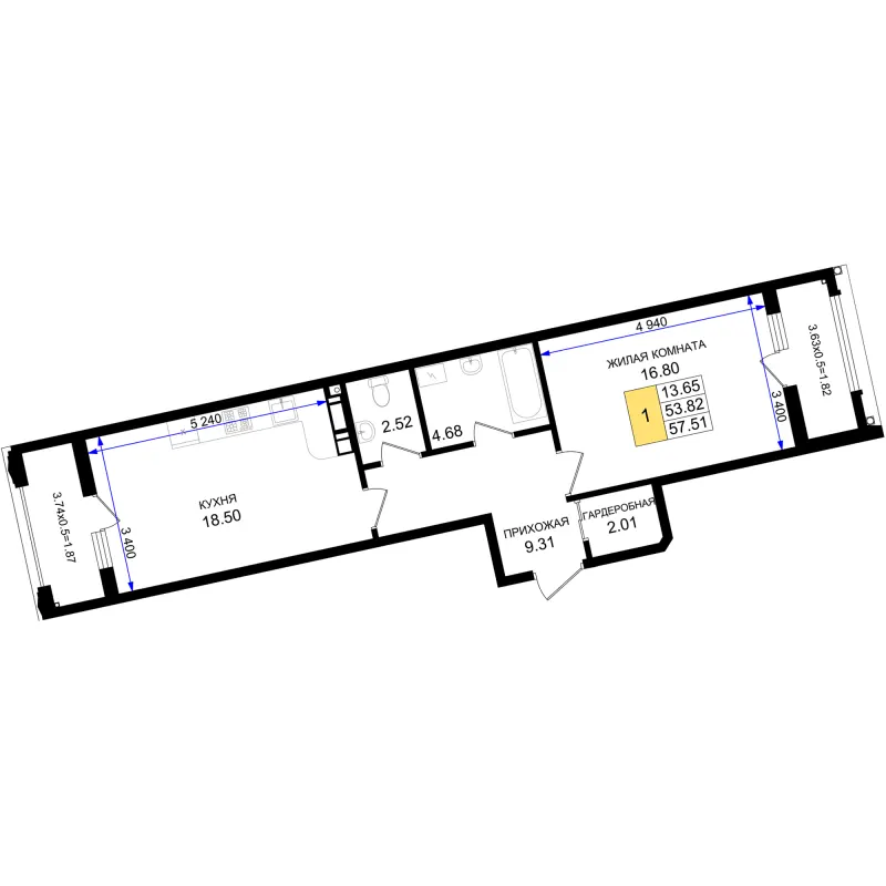 1-комн. 57.5 м²