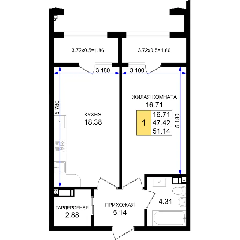 1-комн. 51.1 м²