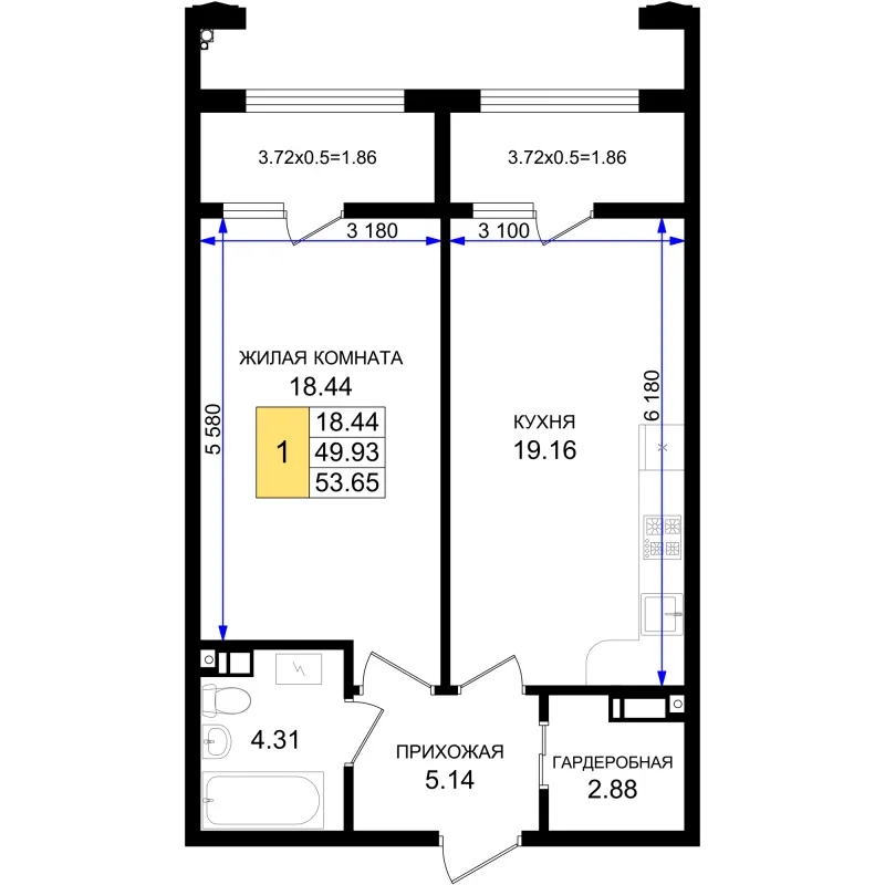 1-комн. 53.7 м²