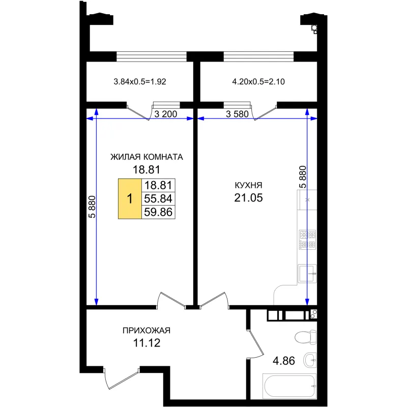 1-комн. 59.9 м²