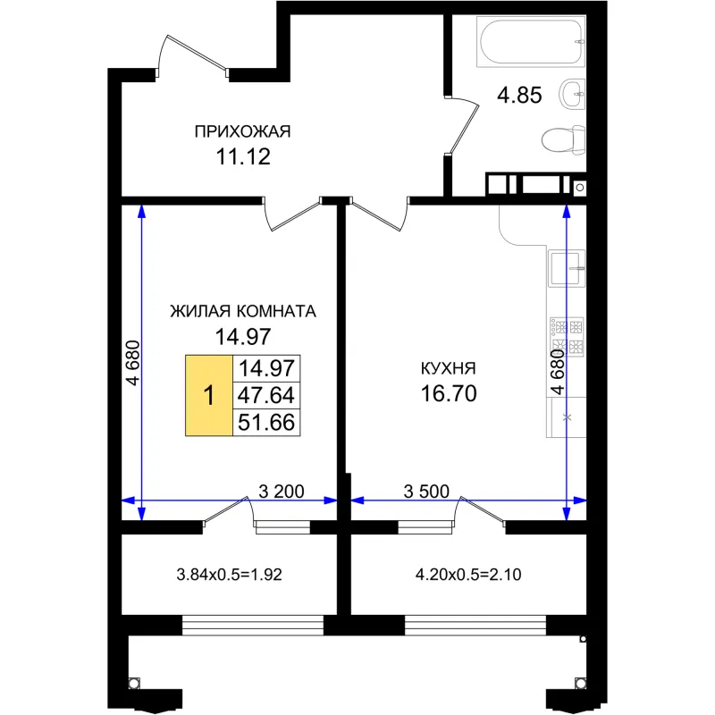 1-комн. 51.7 м²