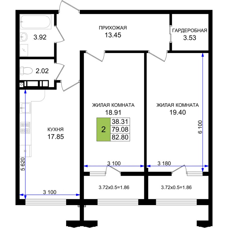 2-комн. 82.8 м²