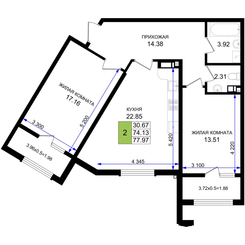 2-комн. 78 м²
