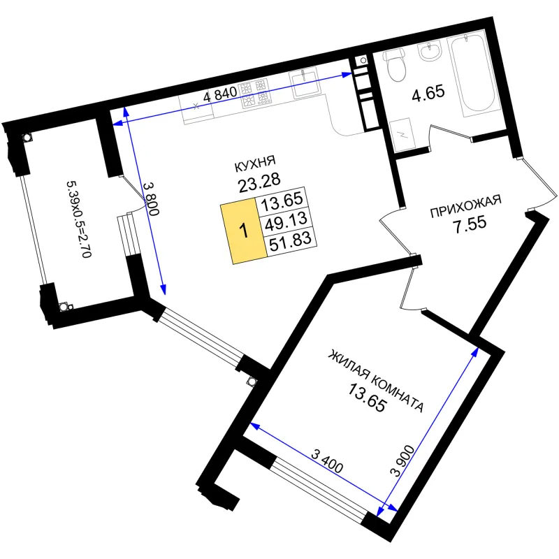 1-комн. 51.8 м²