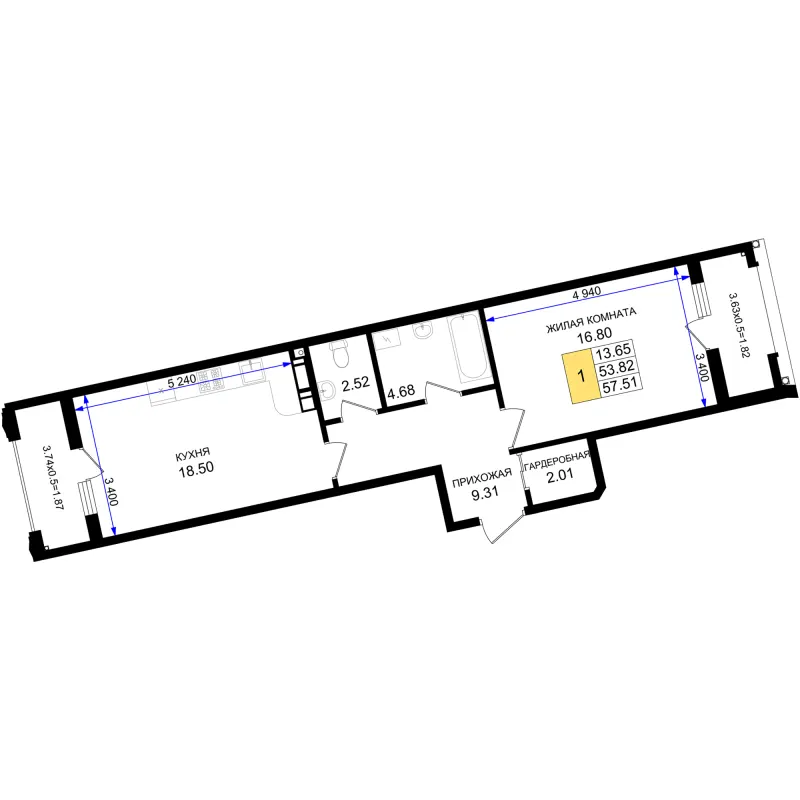 1-комн. 57.5 м²