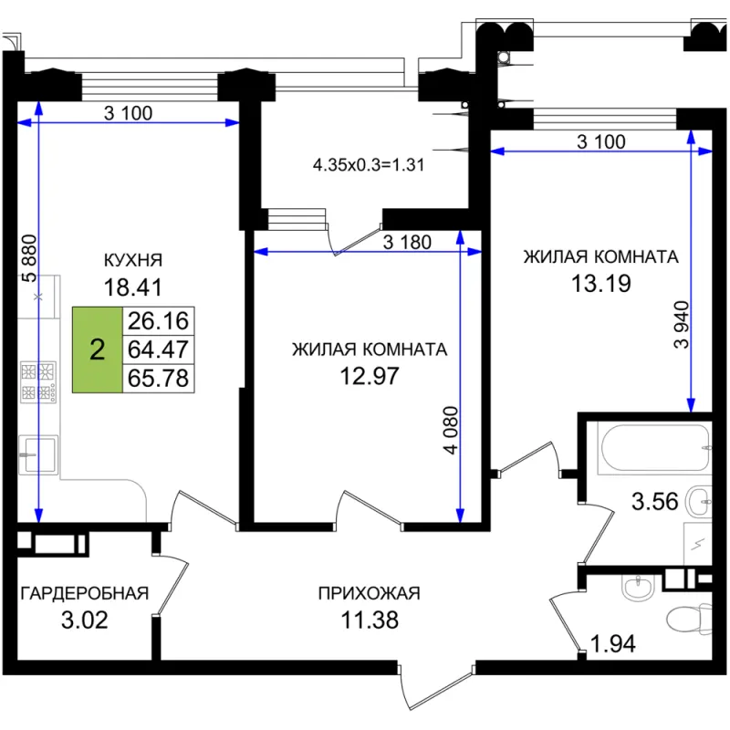 2-комн. 65.8 м²