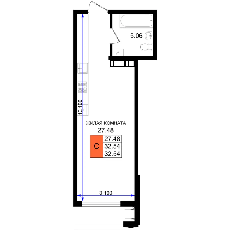 Студия 32.5 м²