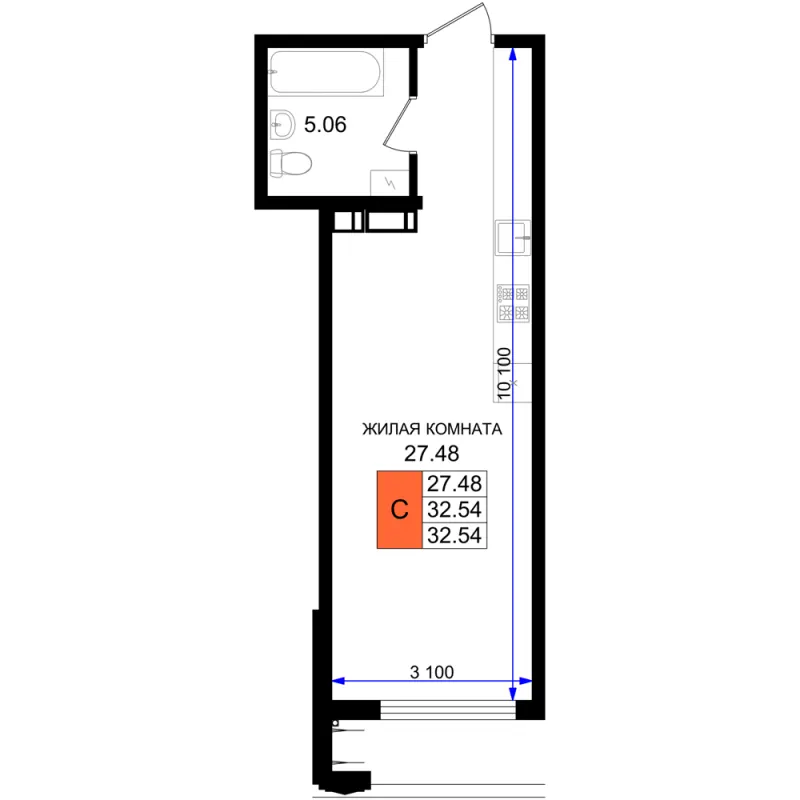Студия 32.5 м²