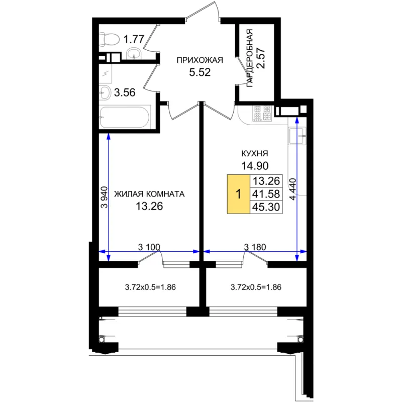 1-комн. 45.3 м²