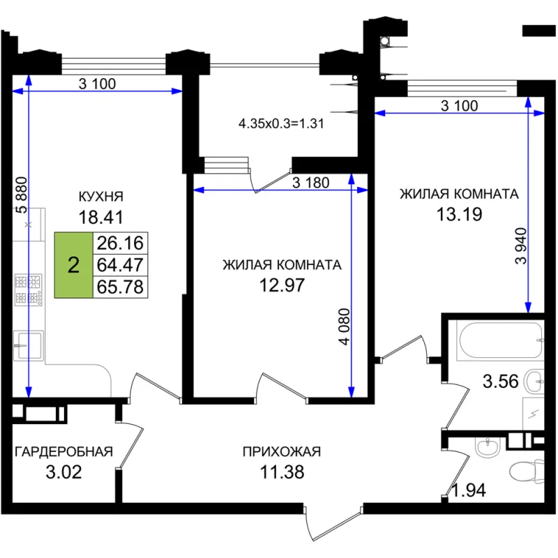 2-комн. 65.8 м²
