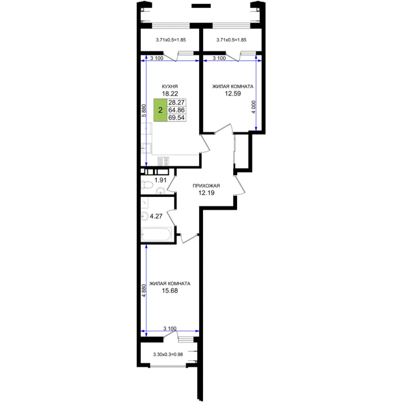 2-комн. 69.5 м²