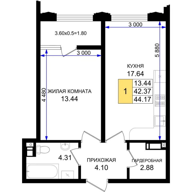 1-комн. 44.2 м²