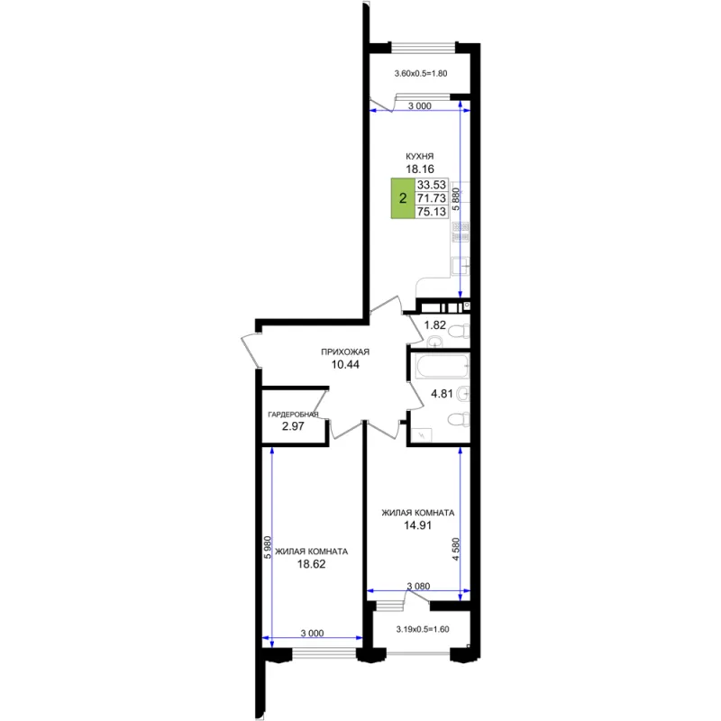2-комн. 75.1 м²