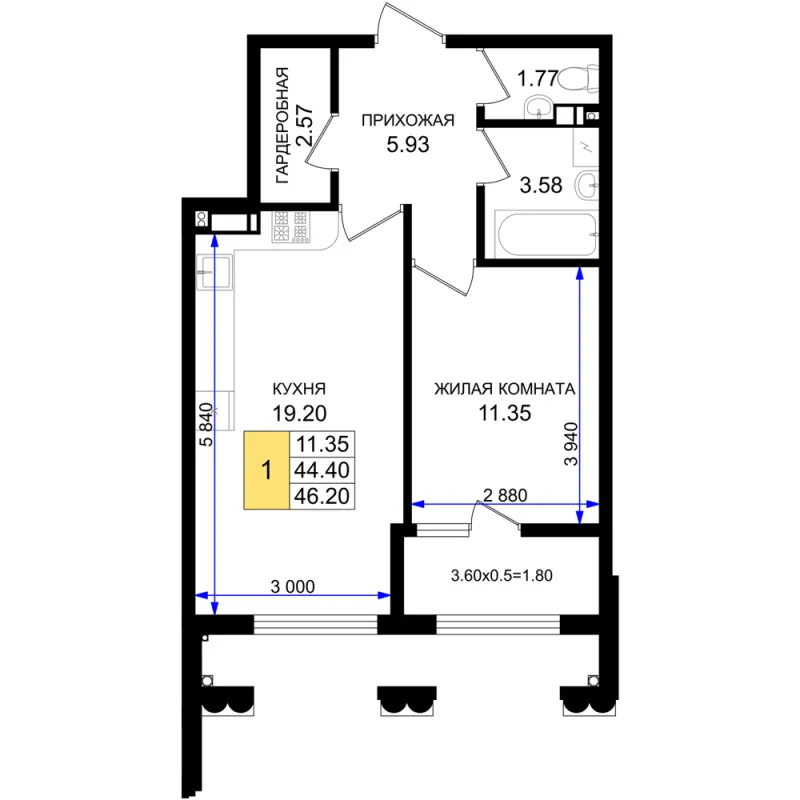 1-комн. 46.2 м²