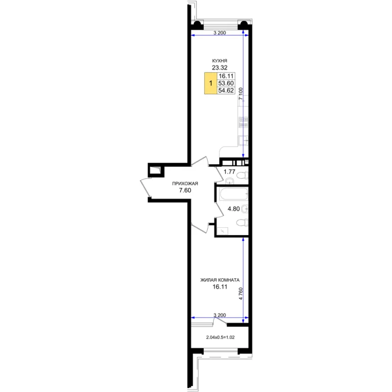 1-комн. 54.6 м²
