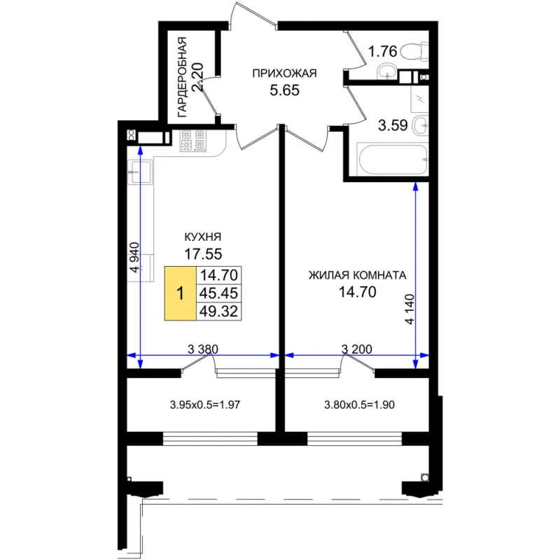 1-комн. 49.3 м²