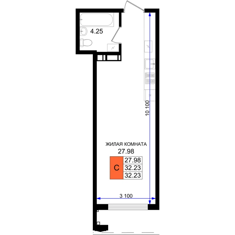 Студия 32.2 м²