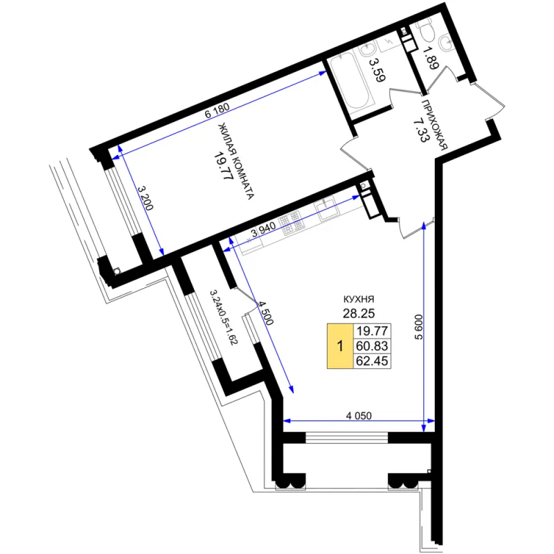 1-комн. 62.5 м²